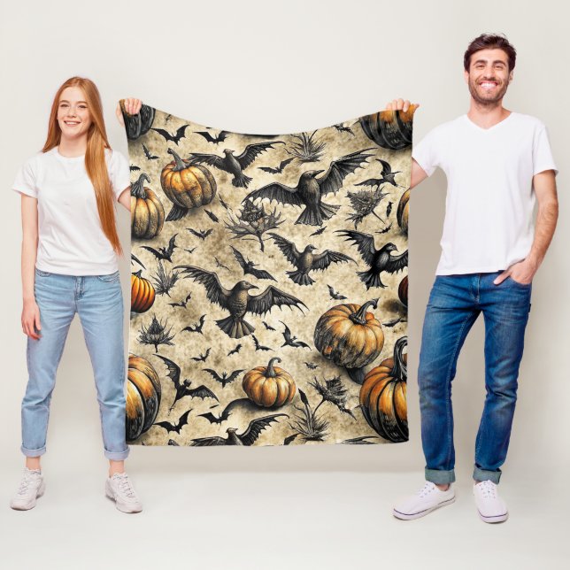 Pumpor, Kråkor och Fladdermus Halloween Mönster (2 Fleecefilt (På plats)