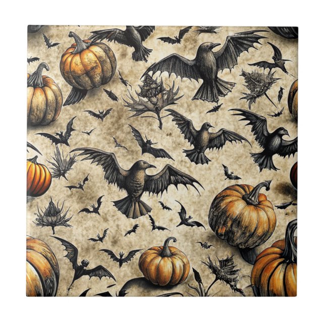 Pumpor, Kråkor och Fladdermus Halloween Mönster (2 Kakelplatta (Framsidan)