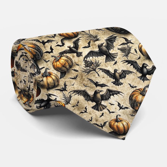 Pumpor, Kråkor och Fladdermus Halloween Mönster (2 Slips (Rullad)