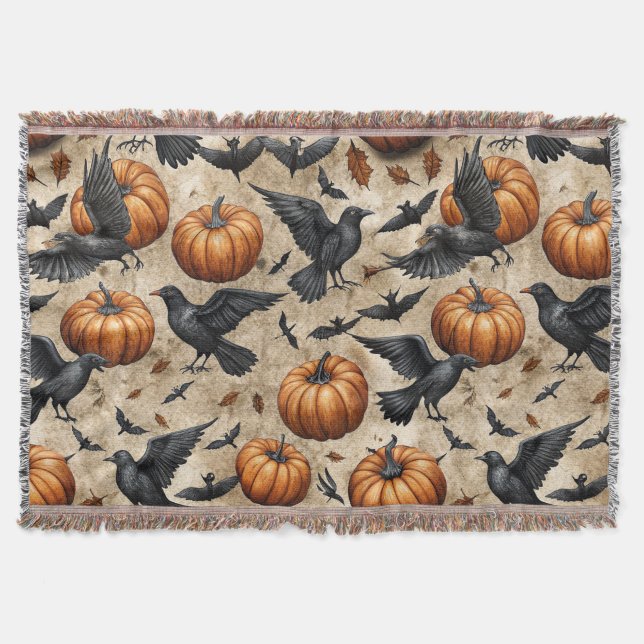 Pumpor, Kråkor och Fladdermus Halloween Mönster Filt (Framsidan)