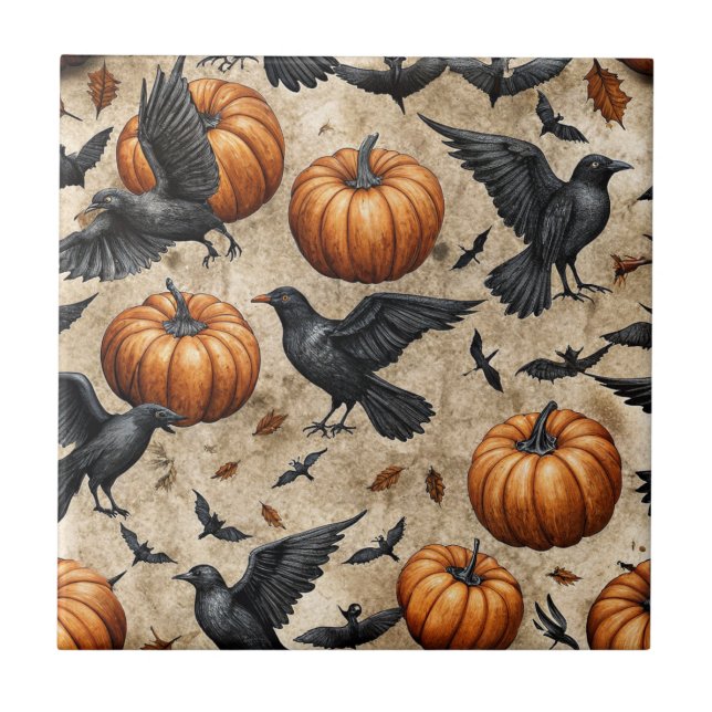 Pumpor, Kråkor och Fladdermus Halloween Mönster Kakelplatta (Framsidan)