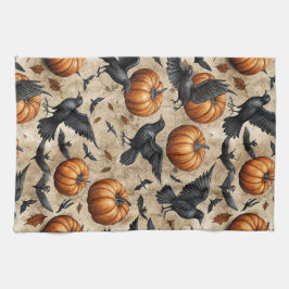 Pumpor, Kråkor och Fladdermus Halloween Mönster Kökshandduk
