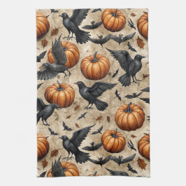 Pumpor, Kråkor och Fladdermus Halloween Mönster Kökshandduk