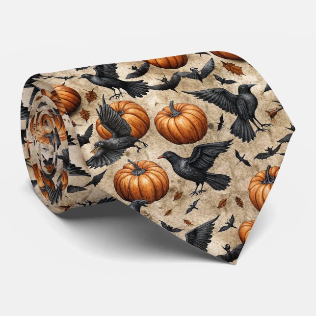 Pumpor, Kråkor och Fladdermus Halloween Mönster Slips (Rullad)