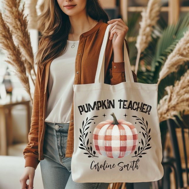 Pumpor-lärarsändare i personlig, Fall Tygkasse (personalized tote bag, checkered pumpkin tote, Halloween vibes, Halloween tote bag, teacher gift, )