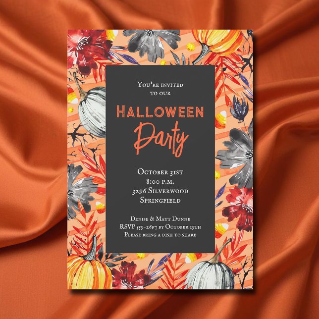 Pumpor och Blommigt Halloween fest Inbjudningar (Pumpkins and Floral Fall Halloween Party Invitations)