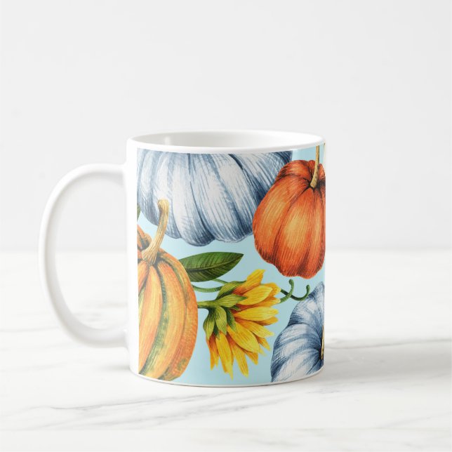 Pumpor, solrosor, illustration av vattenfärg kaffemugg (Vänster)