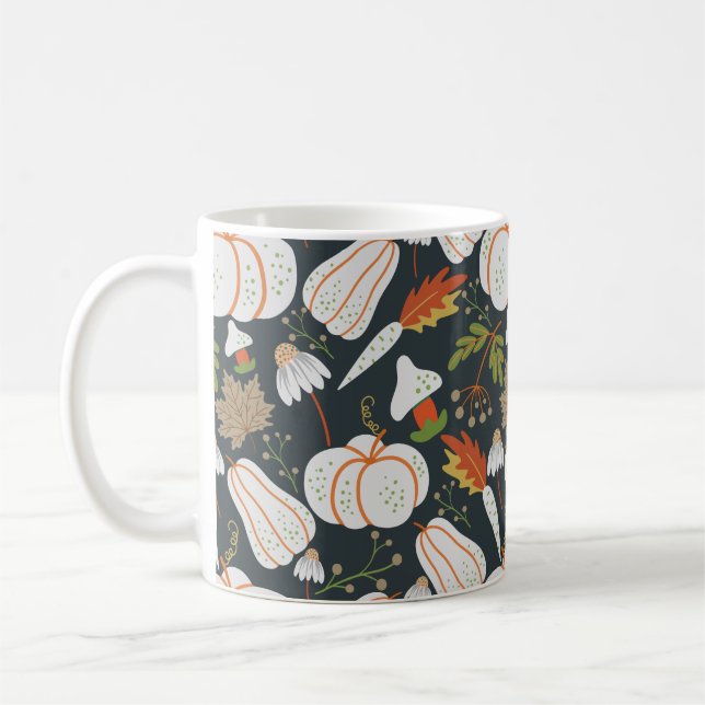 Pumpor, sömlös blommigt mönster, svart och vit kaffemugg (Vänster)