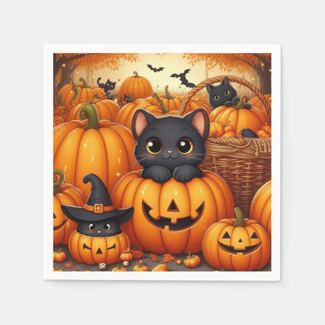Pumpor, Svarta katter och Fladdermus Halloween Pappersservett (Framsidan)