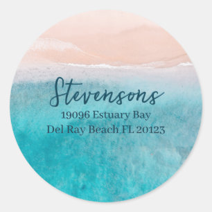 Pun för Modern Blue Script Custom Name Beach House Runt Klistermärke