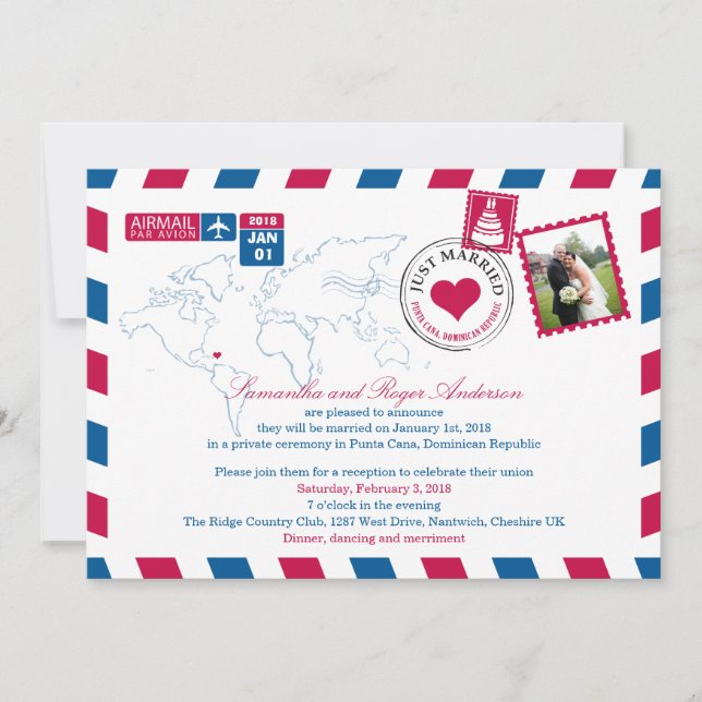Puna Cana DR Airmail Post Wedding Reception Inbjudningar (Framsida)