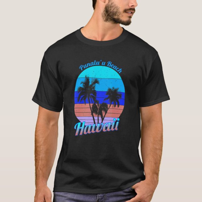 Punaluu2019u Beach Hawaii Retro Tropical Handflata T Shirt (Framsida)