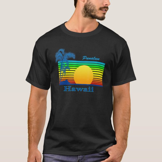 Punaluu Hawaii Retro Tropical Beach Sunset T Shirt (Framsida)