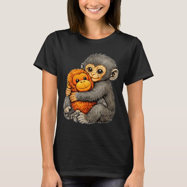 Punch monkey funny cute baby animal hugging plush  t shirt (Framsida)