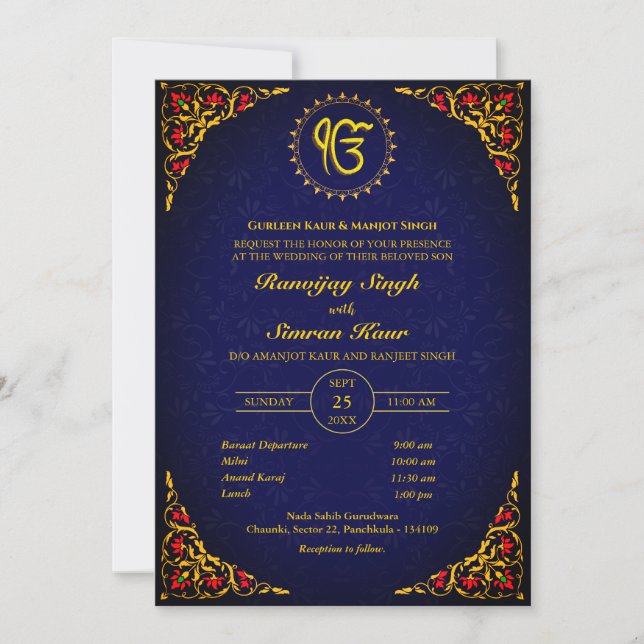 Punjabi Sikh Bröllop Anand Karaj Golden Inbjudningar (Framsida)