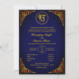 Punjabi Sikh Bröllop Anand Karaj Golden Inbjudningar