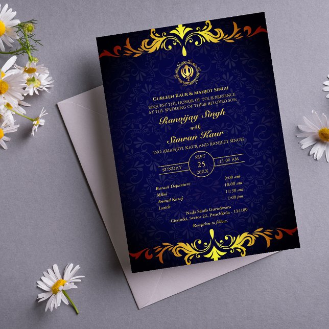 Punjabi Sikh Bröllop Anand Karaj Golden Inbjudningar (Skapare uppladdad)
