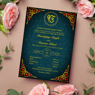 Punjabi Sikh Bröllop Anand Karaj Golden Inbjudningar