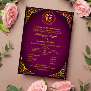 Punjabi Sikh Bröllop Anand Karaj Golden Inbjudningar