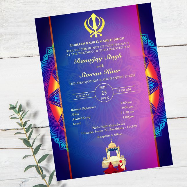 Punjabi Sikh Bröllop Anand Karaj Golden Inbjudningar (Skapare uppladdad)