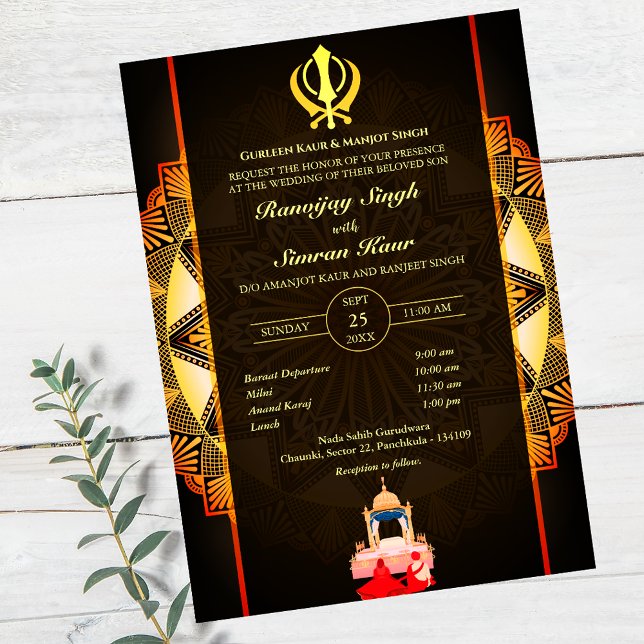 Punjabi Sikh Bröllop Anand Karaj Golden Inbjudningar (Skapare uppladdad)