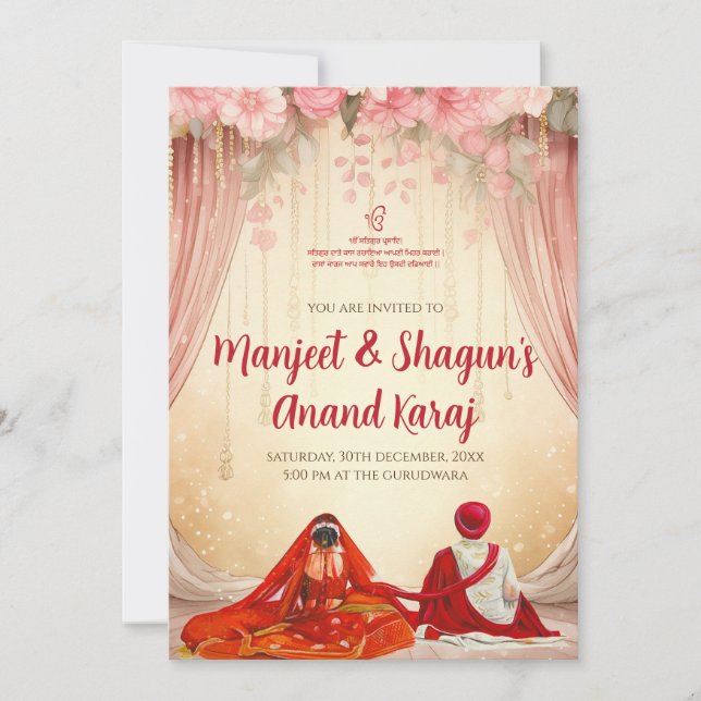 Punjabiska bröllopskort Anand Karaj-inbjudningar Inbjudningar (Framsida)