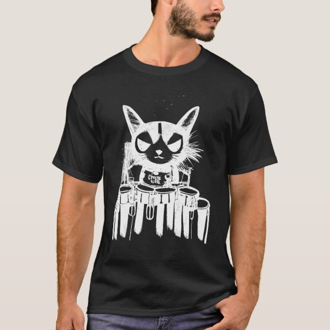 Punk Cat Playing Drums Art T Shirt (Framsida)