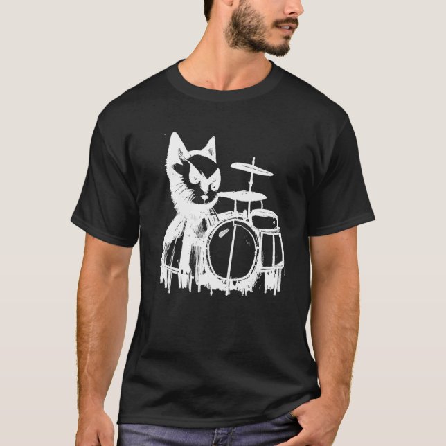 Punk Cat Playing Drums T Shirt (Framsida)