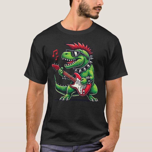 Punk Dinosaur Rock'n Roll Goth Dino Lover Guitar B T Shirt (Framsida)