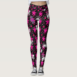 Punk döskallar och godismönster på rosa stjärn leggings