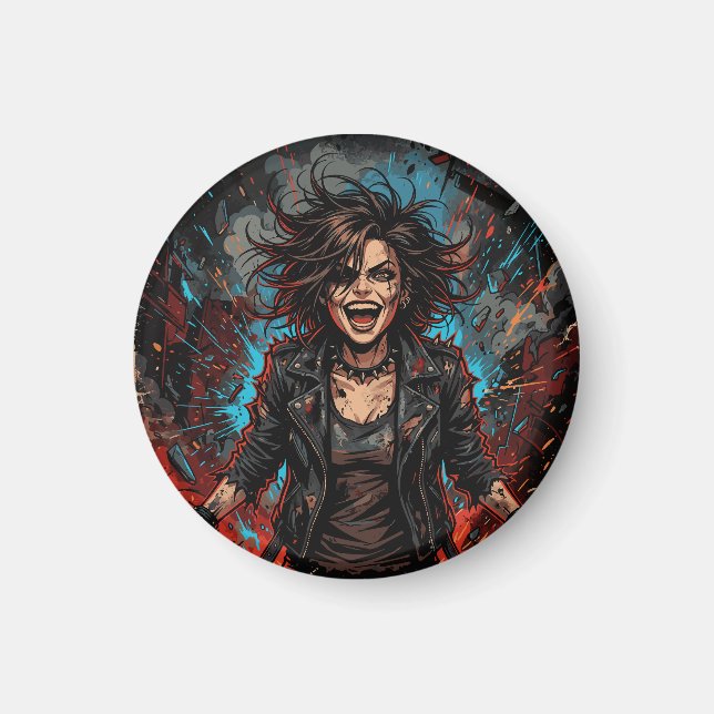 Punk Kaos Tjej Explosion | Grunge Rebell Eld Konst Magnet (Framsidan)