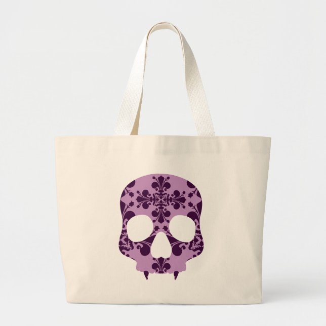 Punk lila damask fanged skalle jumbo tygkasse (Framsidan)