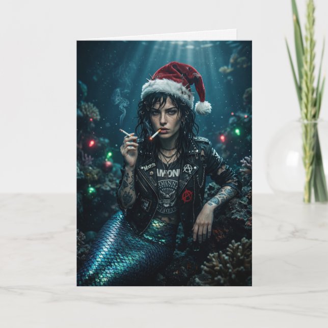 Punk Mermaid Tomte Cigarett Sarksastisk Jul Kort (Framsida)