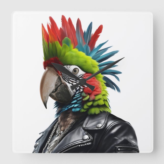 Punk Parrot Fyrkantig Klocka (Framsida)