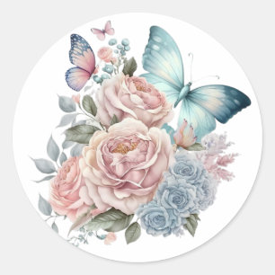 Punk Peonies och Dusty Blue Butterflies Bröllop Runt Klistermärke