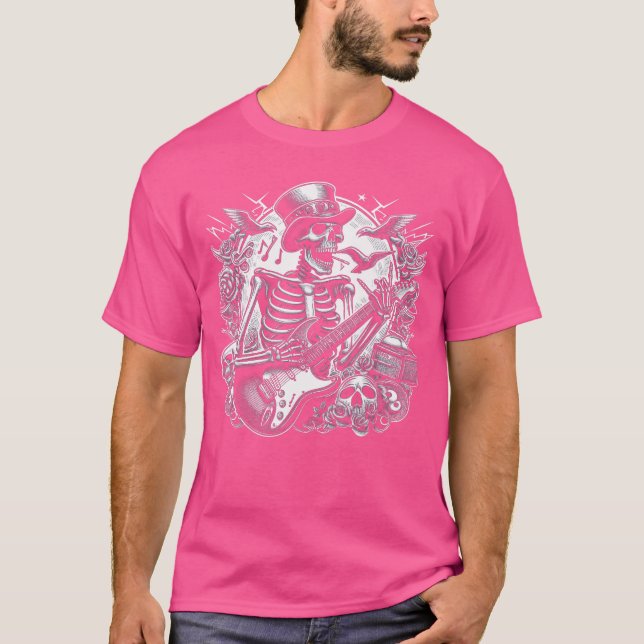 Punk Rock And Roll Skelett Spelar Gitarr Gitarrist T Shirt (Framsida)