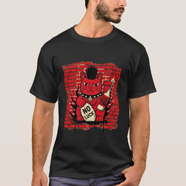 Punk Rock Maneki Neko - Anarchy Lucky Cat Graffiti T Shirt (Framsida)
