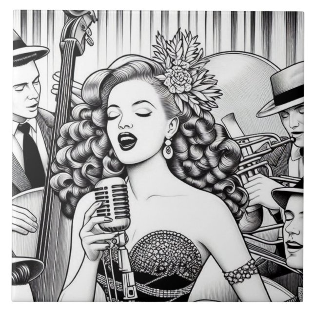 Punk Rock Rockabilly Retro Glam Svart & Vit Kakelplatta (Framsidan)