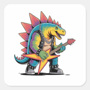 Punk Rock Stegosaurus Dinosaur som spelar gitarr Fyrkantigt Klistermärke