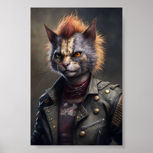 Punk Sten Cat Porträtt, Animal Cat Ilustration Poster (Framsidan)