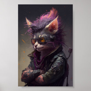 Punk Sten Cat Porträtt, Cat Ilustration, Funny Cat Poster
