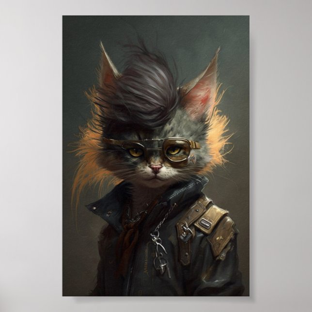 Punk Sten Cat Porträtt, Funny Cat, Pet Porträtt Poster (Framsidan)