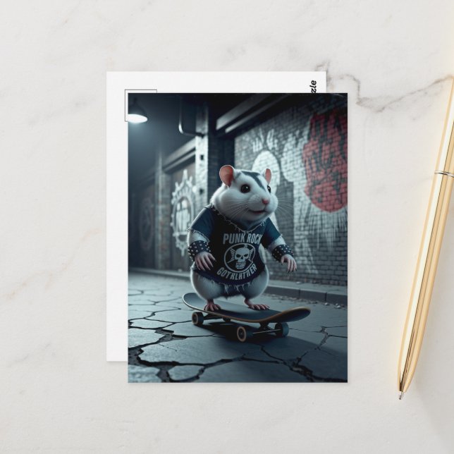 Punk Sten Goth Skateboarding Hamster Vykort (Fram/Back In Situ)