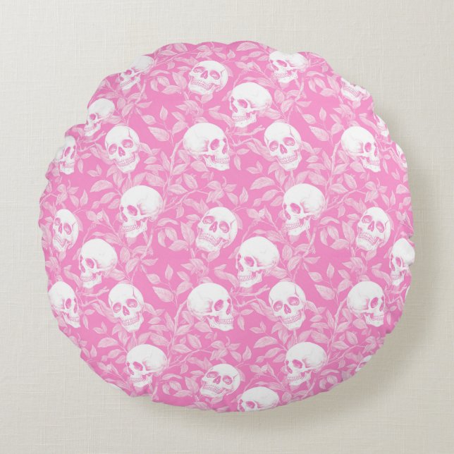 Punk tjejgotisk rosa kranier & lövverk Halloween Rund Kudde (Framsidan)