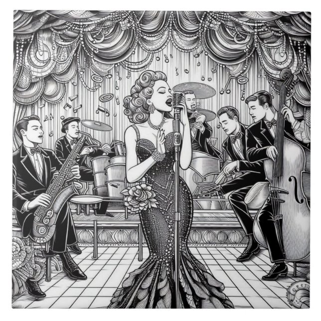 Punkrock Rockabilly Retro Glam Svart & Vitt Kakelplatta (Framsidan)