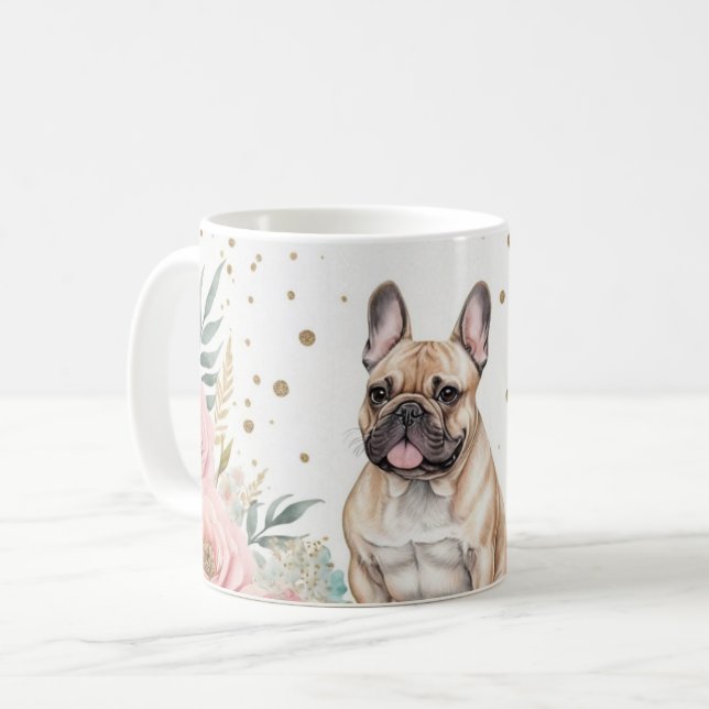 Punkthund med vit Fransk med Blommigt-accenter Kaffemugg (Framsida vänster)