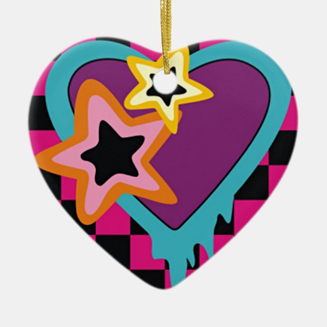 Punktstjärnor och hjärtblåa rosa lila 3 julgransprydnad keramik (Framsidan)