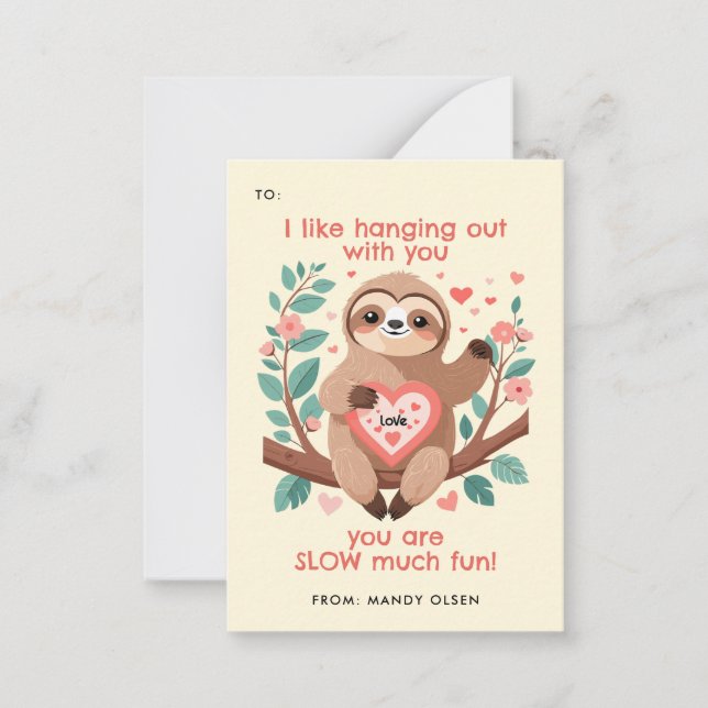 Punny Sloth Classroom Valentines Exchange Anteckningskort (Framsida)