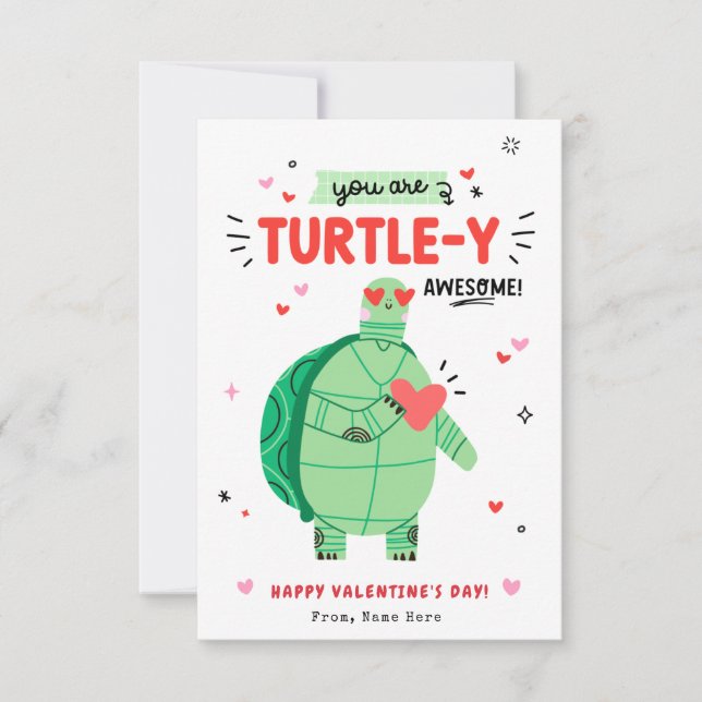 Punny Turtle Valentines Day Kids Classroom Card Inbjudningar (Framsida)