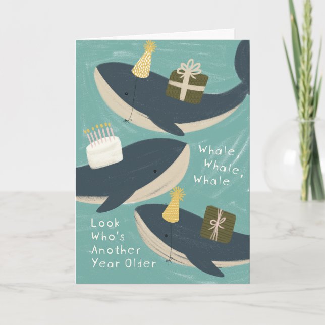 Punny Whale Celebrate Big Birthday Greeting Card Kort (Framsida)